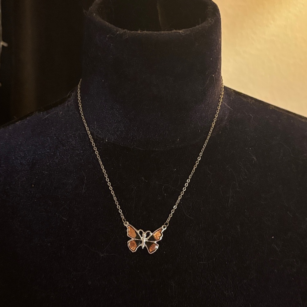 Elegant Silvertone Enamel Butterfly Necklace